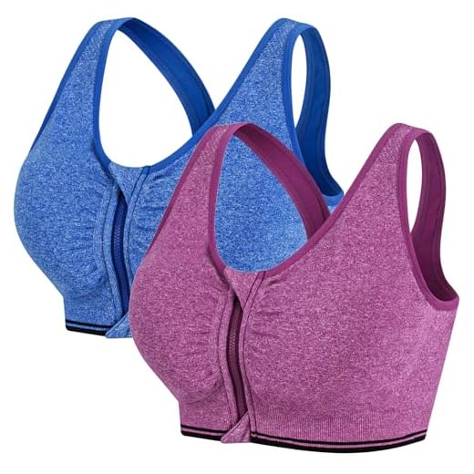 AoToZan 2 Stücke Damen Sport BH Ohne Bügel, Starker Halt Reißverschluss Vorne Gepolstert Push Up Zip Front Bra Top für Gym Fitness Yoga Running (Blau Lila,L)