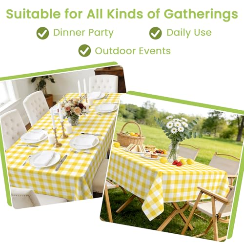 Image of Mulbozy 4 Pcs Yellow Checkered Tablecloth 54 x108 Inches Rectangle Yellow Gingham Tablecover Disposable Plastic Waterproof Table Cover for Outdoor Picnic, Kitchen, Holiday Birthday Party