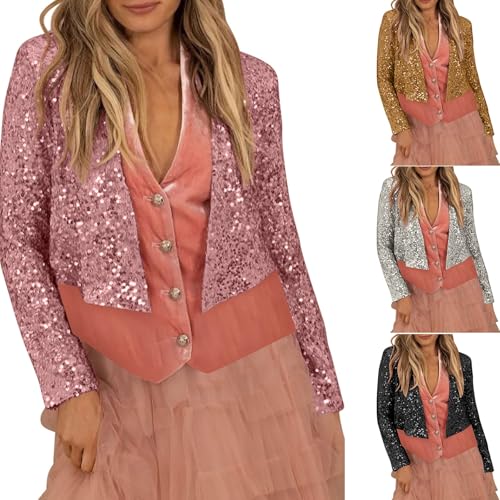 Women's Glitter Sequin Jackets Open Front Blazer Casual Long Sleeve Collarless Sparkly Lightweight Cropped Cardigan Coat3