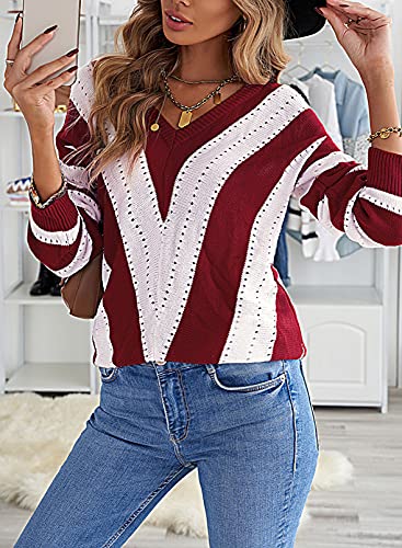 Image of FEKOAFE Womens 2026 Deep V Neck Sweaters Striped Long Sleeve Knit Pullover Sweaters for Women