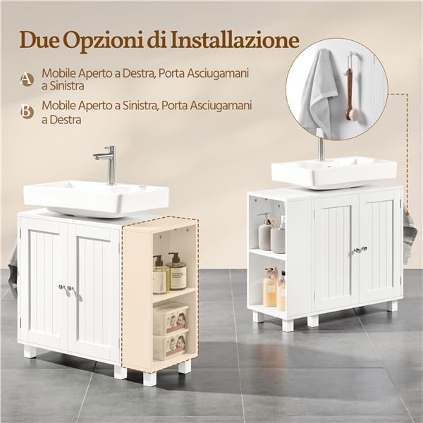 Yaheetech Mobile Sottolavabo con Ripiani Regolabili Armadio da Bagno Autoportante con Apertura a U Mobile da Bagno a Due Ante con Scaffale Laterale Aperto e Ganci (Bianco)