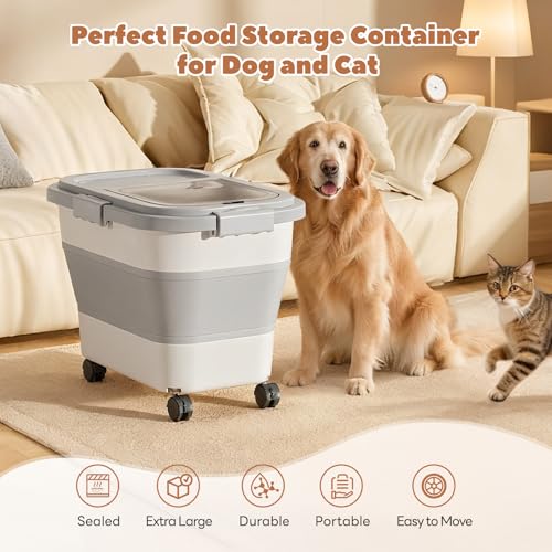 Hundefutter Aufbewahrungsbox - Luftdichter Futterbox Hund mit Messbecher & Löffel - Faltbarer Dog Food Container für Trockenfutter - Futtertonne Hund für Großvorrat Katzen - Futterbehälter mit Rollen