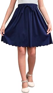GORLYA Girls Scallop Hem Bow A-Line Skirt Pockets 6-14Y | Side tie belt accent, elastic waist with pockets, flowy A-line flare, ideal for school, parties, and casual wear.