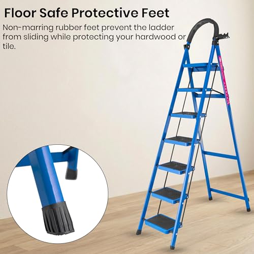 Image of Casa Copenhagen Blue 7 Step Ladder for Home Use with Built-in Tool Tray | Heavy Duty D Shape Rods | Ultra Large Platform | Wide Rubber Feet | 150Kg Capacity Foldable Ladder - 7 Years Warranty