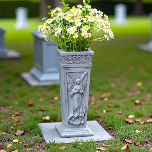 Jarrón de resina para cementerio con soporte de flores conmemorativas, decoración de estatua de jardín de ángel, resistente a la intemperie, jarrón de tumba con estaca de metal de 5.5 pulgadas para