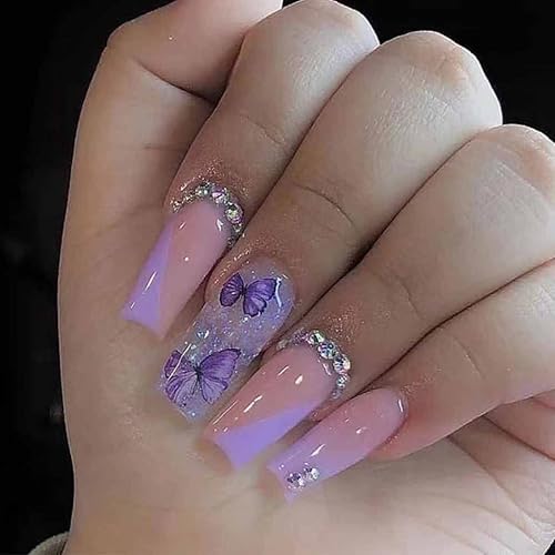 Miniatura 1 de Uñas postizas moradas con lentejuelas acrílicas con brillantina y mariposas, uñas largas a presión con diamantes de imitación, uñas postizas moradas