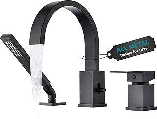 LOCALAND Brass Roman Tub Faucet with Sprayer, Deck Mount Bathtub Faucet with Hand Shower, 3 Hole Waterfall Tub Faucet with 360° Spout, Single Handle Tub Filler with 8 GPM High Flow, Matte Black