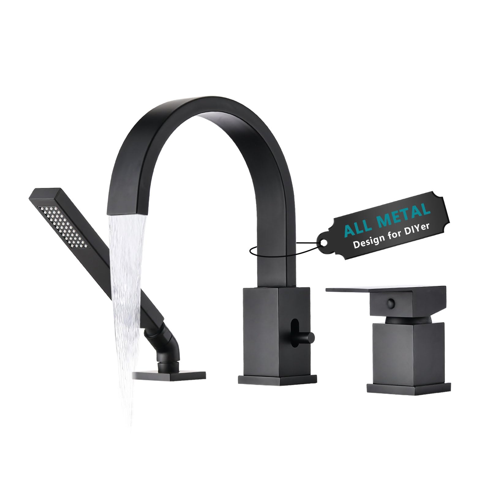 Brass Roman Tub Faucet with Sprayer, Deck Mount Bathtub Faucet with Hand Shower, 3 Hole Waterfall Tub Faucet with 360° Spout, Single Handle Tub Filler with 8 GPM High Flow, Matte Black