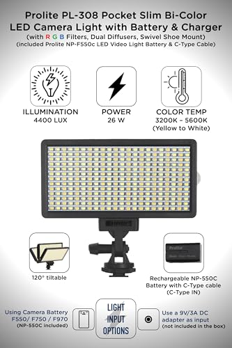 Image of Prolite Bi-Color LED PL-308 Camera Video Light | Slim, Pocket LED | with NP-F550 Battery, C-Type Cable, RGB Filters & Two Diffusers | Used in Wedding Photography, YouTube, TikTok Video Shoot