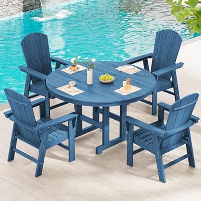 SERWALL 5-Piece Patio Dining Sets, HDPE Outdoor Table and Chairs Furniture Set, 45" Round Dining Table and 4 Adirondack Dining Chair, Navy