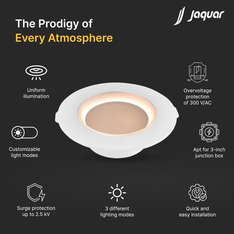 Image of Jaquar 5W Striker Duo 3-in-1 Modes LED Downlight (CW+WW) with Ring Ambient Light | 3 Mood Lighting Modes | Fits Standard Deep Junction Box | Home & Offices | Cutout 75mm | 2-Year Warranty | Pack of 2