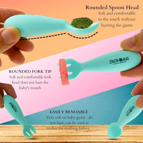 Image of Baby Weaning Spoon & Fork Set, Chewable Silicone Utensils for Training Infants, Baby Led Self Feeding, 6 M+| Gum Friendly, BPA Free, Dishwasher Safe, Unbreakable, 1 Pair, Mint Green