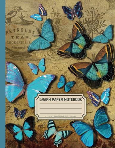 Graph Paper Notebook Quad-Ruled 8.5x11: Blue Butterfly Vintage Illustration Grid Paper Notebook for Math, Science, Planning, Designing, and Sketching | 5 Squares per Inch