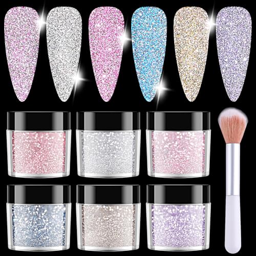 Furtherpretty Reflective Glitter for Nails, 6 Colors Sparkle Nail Powder Diamond Dust Glitter Silver Pink Purple Blue Sugar Dip Powder Shimmer Nail Pigment Set with Brush Nail Salon Supplies