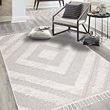 carpet city Teppich Wohnzimmer Boho-Stil Creme, Graublau - 140x200 cm - Rauten-Muster - Relief-Optik, 3D-Effekt - Cut-&Loop, Sisal - Moderne Fransen-Teppiche Schlafzimmer