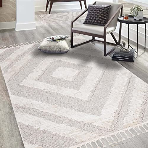 carpet city Teppich Wohnzimmer Boho-Stil Creme, Graublau - 80x150 cm - Rauten-Muster - Relief-Optik, 3D-Effekt - Cut-&Loop, Sisal - Moderne Fransen-Teppiche Schlafzimmer
