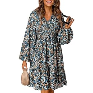 Dokotoo Womens Dresses 2024 Boho Floral V Neck Long Sleeve Smocked Elastic Waist Casual A-Line Swing Mini Dress Sundress