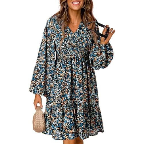 Dokotoo Womens Dresses 2024 Boho Floral V Neck Long Sleeve Smocked Elastic Waist Casual A-Line Swing Mini Dress Sundress
