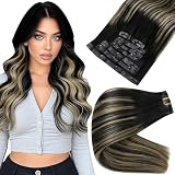 Full Shine Real Hair Clip in Extensions Balayage Seamless Clip ins Off Black to Black With Caramel Blonde Invisible Hair Extension Black Remy Natural Hair Longevity 120 Grams 18 Inch 8 Pcs