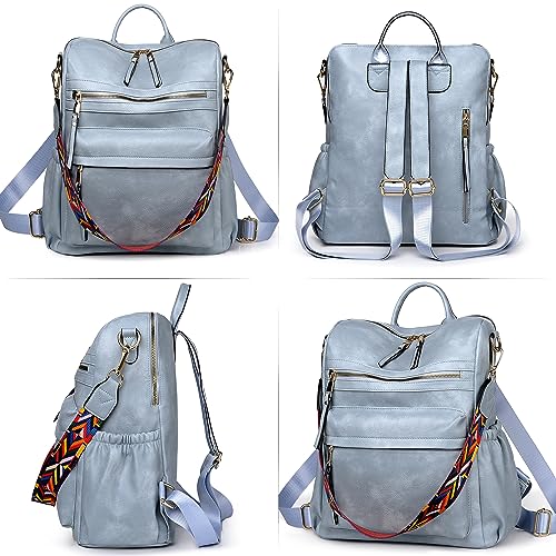 Image of Dora & Liz Women Backpack Purse, Fashion Leather Designer Ladies Rucksack, Convertible Travel Shoulder Bag with Colorful Strap, Blue, Medium