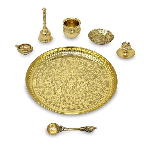 Image of BENGALEN Brass Pooja Thali Set with Red Gift Box 8 Inch Pital Puja Thali Dhup Dan Kalash Palli Ghanti Kangura Plate Kuber Diya for Diwali Home Mandir Office Wedding Return Gifts Items