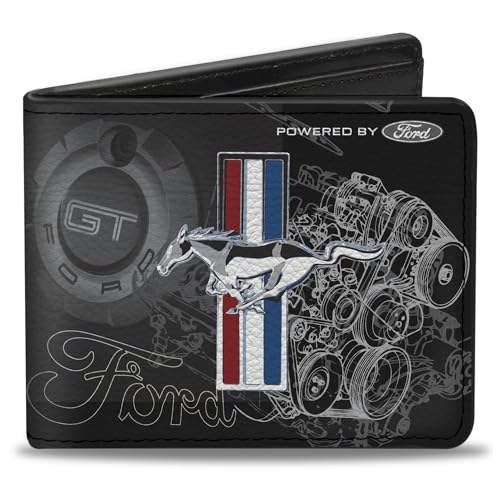 Buckle-Down Men's PU Bifold Wallet-Mustang Tri-Bar Stripe/GT Motor Blueprint, Multicolor, 4.0