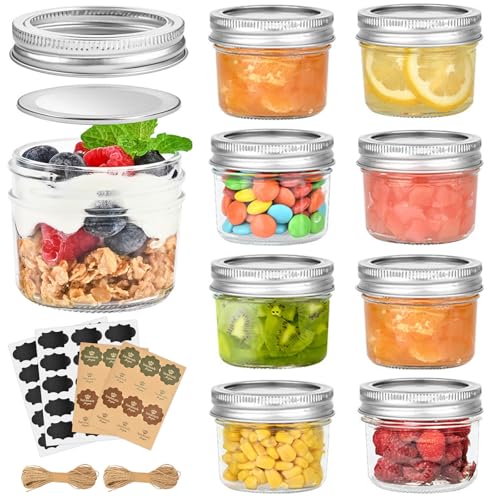 TUZAZO 4 oz Mini Mason Jars with Lids 8 Pack, 4oz Small Glass Mason Canning Jars for Jam Jelly Yogurt Dessert, Shower Wedding Favors Decor
