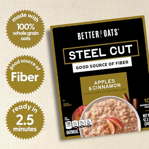 Image of Better Oats Steel Cut Oatmeal, Apple & Cinnamon, 12.3 oz Box, 6 Pack | Instant Breakfast With Flax Seeds, Good Source Of ALA Omega-3 And a Good Source of Fiber, Individual Packets