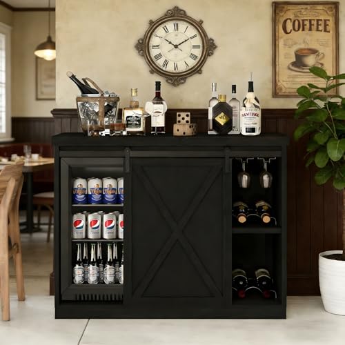 Image of Coffee Bar Cabinet with Mini Fridge Space, 49.2'' Farmhouse Kitchen Buffet Hutch with Power Outlet, Fridge Cabinet with Sliding Barn Door, Wine Rack, Glass Holder for Kitchen Dining Room (Black)