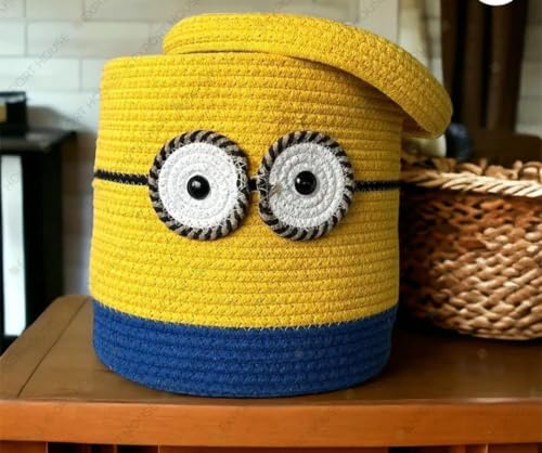 Image of Aroma Brand Kids Lid Basket with Beautiful Characters - Rope Storage Basket for Baby Diaper, Stuffed Animal Storage Bin Rope Basket for Kids Toy, Baby Laundry Baskets with Lid (Yellow Minons)
