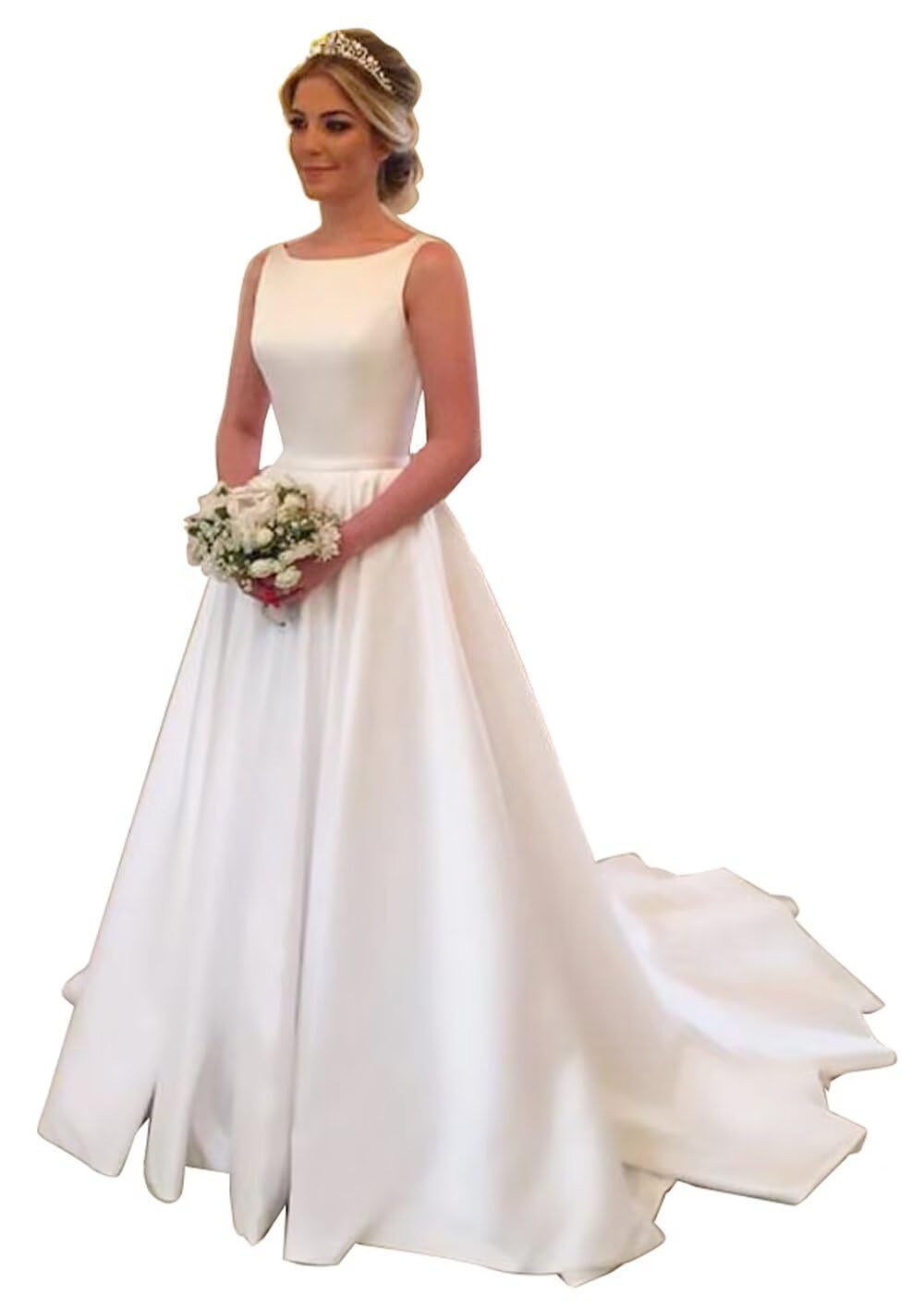 Womens A Line Satin Wedding Dresses for Brides Deep V Back Long Plus Size Bridal Gowns Sweep Train