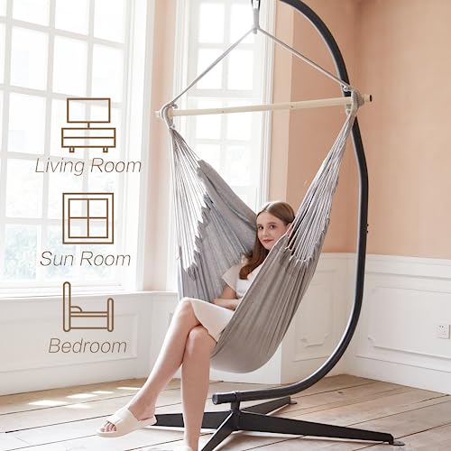 PNAEUT Hammock Chair Hanging Rope Swing, Max 500 Lbs, Hanging Chair with Pocket, 2 Cushions Included, Steel Spreader Bar with Anti-Slip Rings, Hardware Kits and Bag, for Indoor Outdoor (Light Grey) - Thumbnail 2