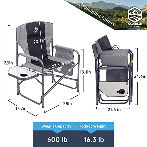 Coastrail Outdoor Xxl Oversized Director Chair Supports 600Lbs, 28" Wide Fully Back Padded For Adults Heavy Duty Folding Camping Chair With Side Table & Storage Pocket, Black #TOP2