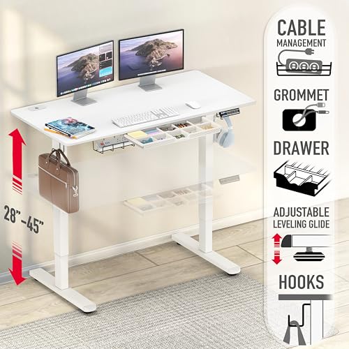 Image of SHW 48-Inch Electric Height Adjustable Standing Desk with Drawer, Memory Preset and Cable Management Tray, White