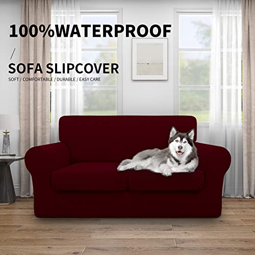 Image of Easy-Going Waterproof 3-Piece Loveseat Cover Couch Covers for Sofa | Stretch Spandex Sofa Cover Protector Bottom for 2 Cushion Couch Dog Pet Friendly Living Room Wine