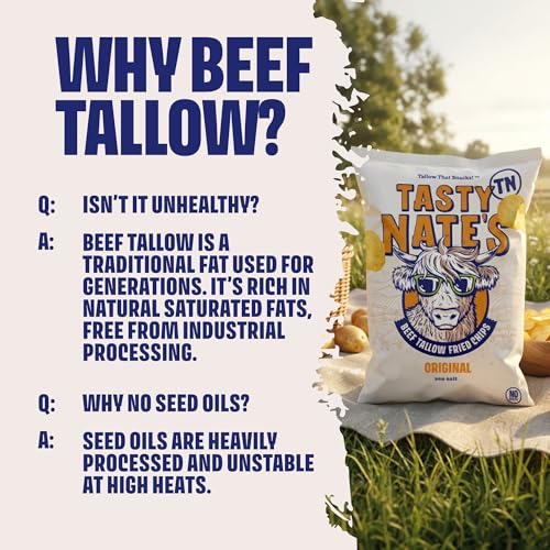 Image of Tasty Nate's Beef Tallow Potato Chips Original Sea Salt Kettle Chips Made with 100% Beef Tallow Seed Oil Free - Gluten Free Healthy Snacks Paleo Friendly 7oz Bag - Pack of 10
