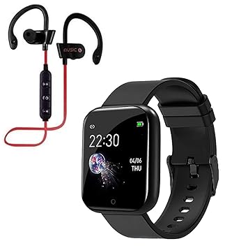 TechKing (SEASON END WITH 12 YEARS WARRANTY) Waterproof Smart Watch D20 Touch Men Women Fitness Tracker Blood Pressure Heart Rate Monitor for Girls & Boys with K1 Wireless Bluetooth Headset Hand-Free Calling-Black