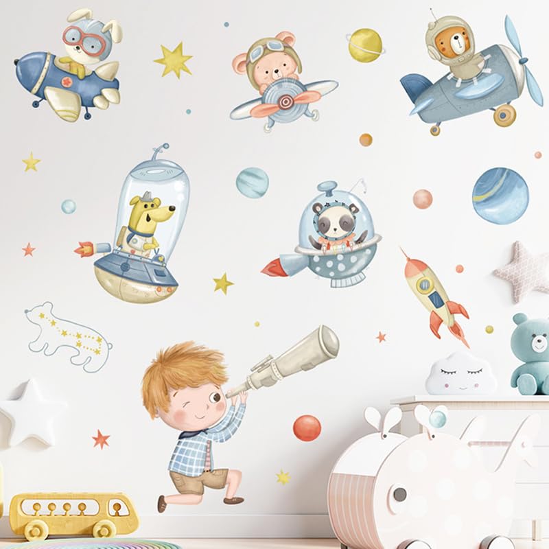 Image of Cute Giraffe Bear and Rabbit Musical Space Adventure Wall Stickers for Kids Room Bedroom Living Room Door Study Boho Nursery Wall Decoration for Baby Boy Girl Room Decor
