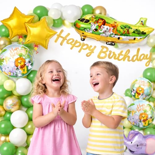 Image of Rozi Decoration Jungle Theme Birthday Decoration Kit with Balloon, Happy Birthday Cardstock Paper Banner, Cake Topper Set and Green White Gold Latex Balloons - 76 Pieces Party Decoration Set
