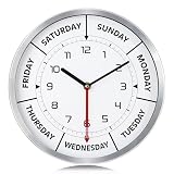 Lafocuse Silent Day of The Week Clocks with Silver Metal Frame, Retirement Clock for Seniors, Day Clock for Living Room Decor 12 Inch