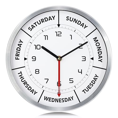 Lafocuse Day of the Week Wall Clock Silent Non Ticking, 12 Inch Retirement Clock with Silver Metal Frame for Seniors Living Room Bedroom Home Decor