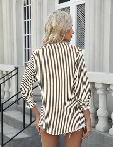 AKEWEI Womens 3/4 Sleeves Button Down Shirts Pleated Chiffon Blouses Business Casual Tops Work Office Tshirt4