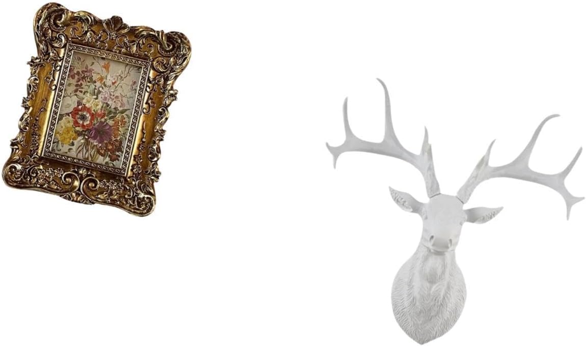 Hand Carved Floral Deer Head Photo Frame Sculpture Tabletop Wall Mounted Antique Picture Holder Boho Artwork Decor for Office Home Wedding Gift