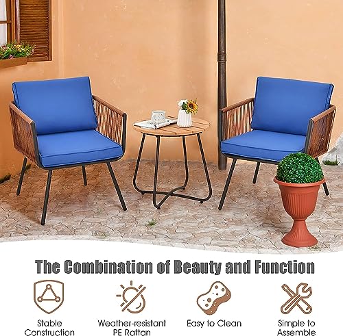 Image of BRISHI Garden Patio Seating Chair and Table Set Outdoor Balcony Garden Coffee Table Set Furniture with 1 Table and 2 Chairs Set with Cushion Braid & Rope (Brown /Blue)