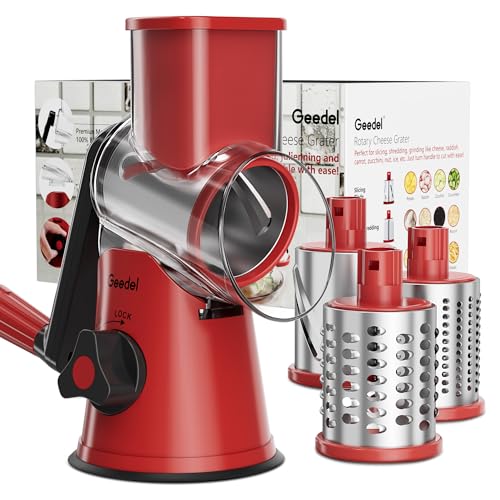 Geedel Rotary Cheese Grater, Kitchen Mandoline Vegetable Slicer with 3 Interchangeable Blades, Easy to Clean Grater for Fruit, Vegetables, Nuts