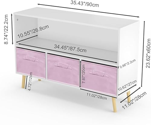 Miniatura 9 de Estantería con 3 cajones de tela plegables, organizador de almacenamiento de juguetes con hebilla de seguridad y patas de madera, estantería