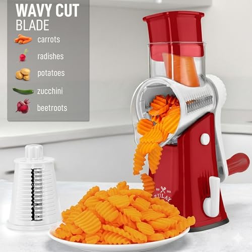 Image of Zulay Kitchen Rotary Cheese Grater 5 Blade Cheese Shredder - Manual Hand Crank Cheese Grater With Reinforced Suction & 5 Interchangeable Drums - Easy to Use, Vegetable Chopper Round Mandoline Slicer