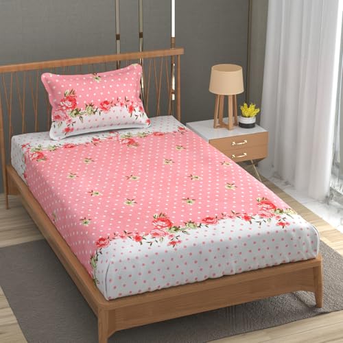 Image of Premium Heavy Cotton Elastic Fitted Bedsheets with 1 King Size Pillow Covers | Single Bed with All Around Elastic 350 TC | 36 x 78 x 6 Inch Single Size Fitted | - Pink Dot