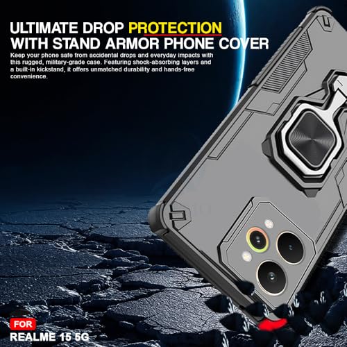 Image of AESTMO Armor Back Cover for Realme 15 5G / 15 Pro 5G | Ring Holder & Kickstand & Camera Protection in-Built | 360 Degree Protection Back Case Cover (Black
