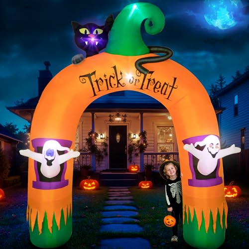 Dawdix 10FT Large Halloween Inflatable Archway Decoration Halloween Blow Up Lighted Archway with Ghost & Black Cat & Cornucopia Trick & Treat Yard Garden Patio Lawn Outside Decor